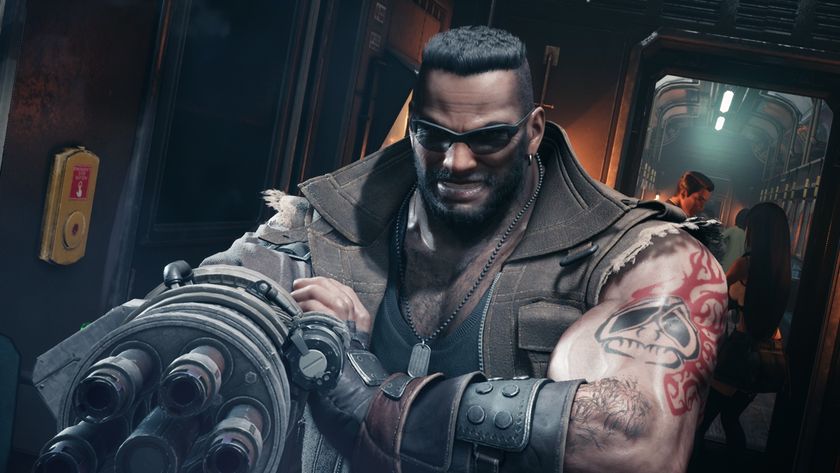 Barret readies his minigun arm in Final Fantasy 7 Remake in a train
