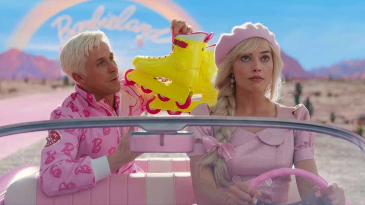 Margot Robbie in Barbie the movie, driving in the front seat of the car as she is offered a pair of roller skates behind her to start roller skating instead