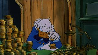 Scrooge in Mickey's Christmas Carol, surrounded by money