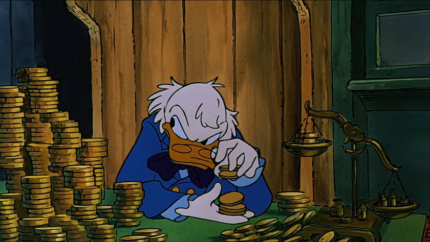 Scrooge in Mickey&#039;s Christmas Carol, surrounded by money