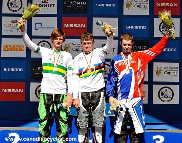 Junior men's downhill world championship podium: Shaun O'Connor (Australia), Brook Macdonald (New Zealand) , Danny Hart (Great Britain)
