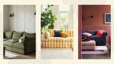 composite of three sofas with different styles and colours in living rooms