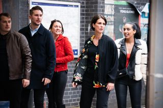 EastEnders characters Ben Mitchell, Callum Highway, Eve Unwin, Stacey Slater and Ash Kaur 