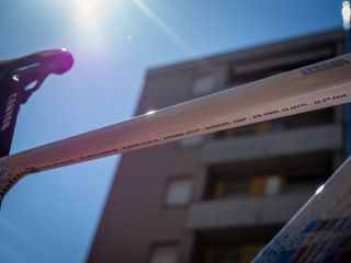 The underside of the top tube details the stats of Van Der Poels win at the Glasgow World Championships