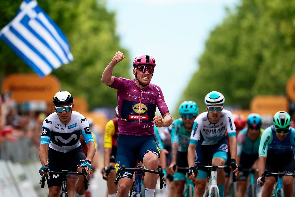 Mads Pedersen celebrates victory on stage three of 20205 Giro d&#039;Italia