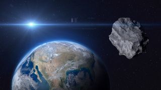 An asteroid floating in space with Earth and the sun in the background
