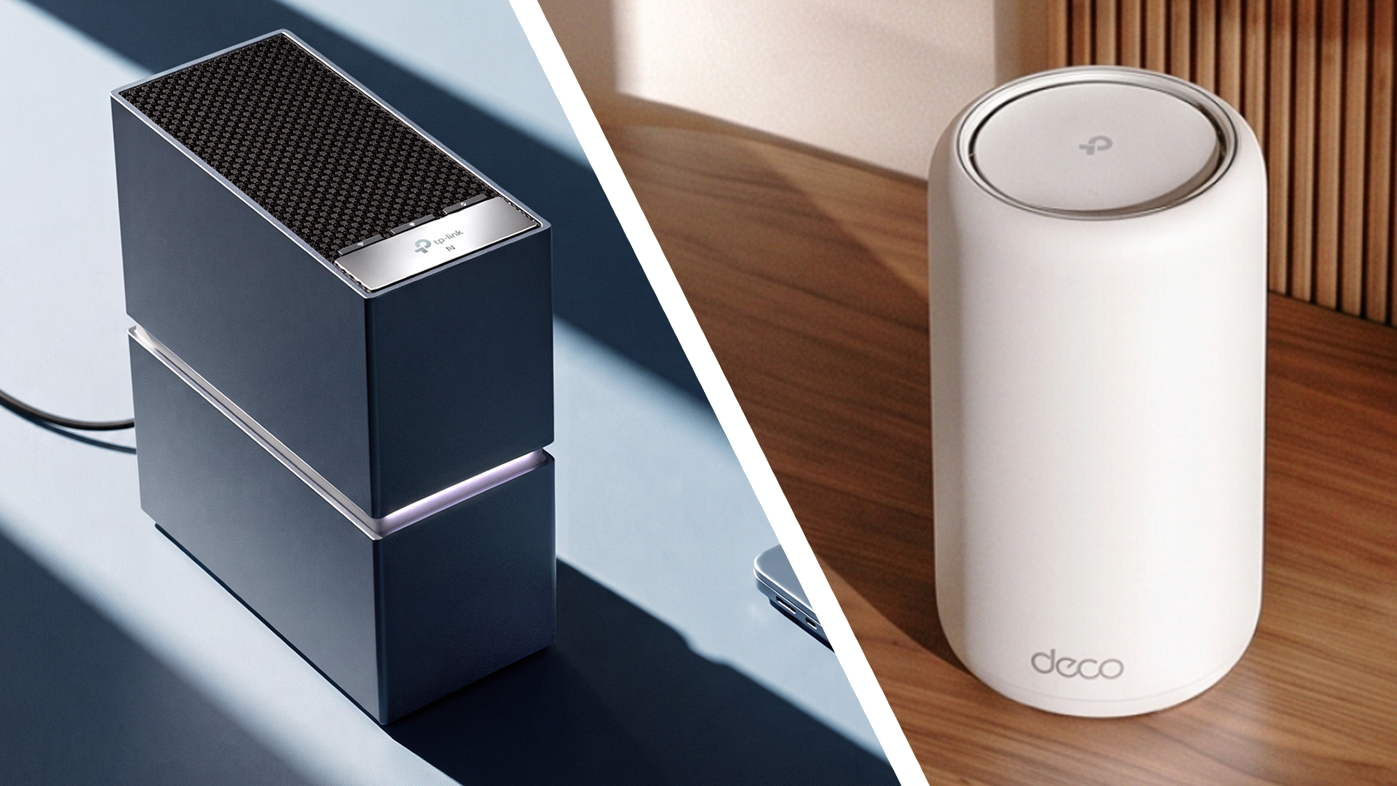 The TP-Link Archer 8 Ultra router shown on a table next to a laptop, next to the TP-Link Deco 8 Ultra mesh router unit placed on a wooden cabinet in a living room