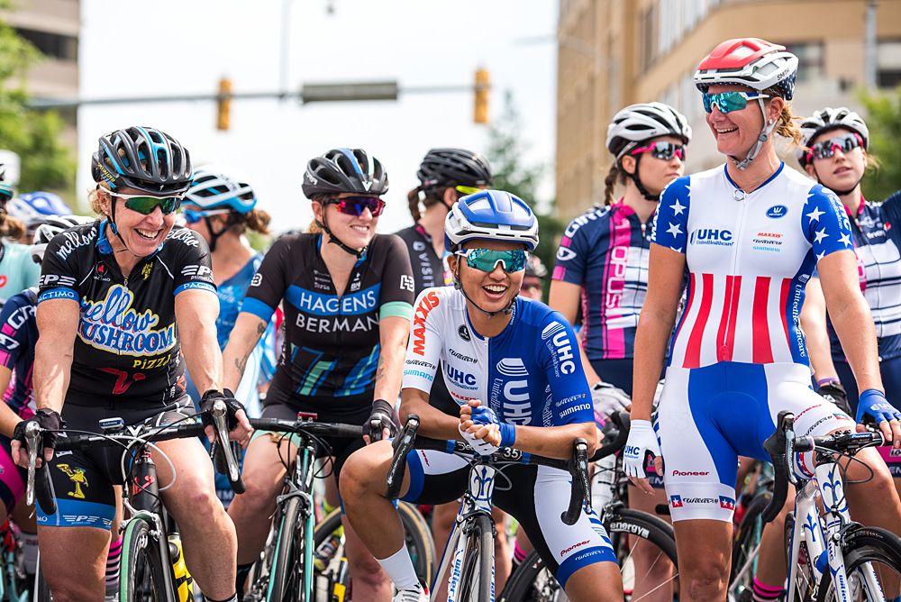 The women have a laugh on the start line