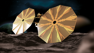 illustration of a spacecraft with two circular solar panels deployed. below the spacecraft is an asteroid&#039;s surface