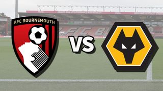 The AFC Bournemouth and Wolverhampton Wanderers club badges on top of a photo of the Vitality Stadium in Bournemouth, England