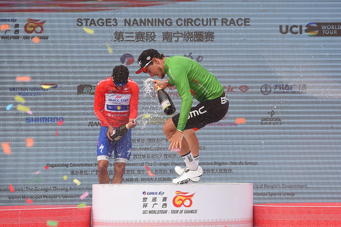 Silvan Dillier begins to fall off the podium