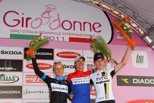 The stage podium - Emma Pooley (Garmin-Cervelo), Marianne Vos (Nederland Bloeit) and Judith Arndt (HTC-HighRoad)