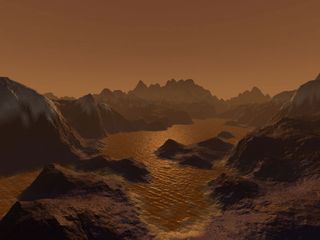 An artist's impression of the low-lit surface of Titan under the moon's thick, orange haze, with liquid hydrocarbons pooling and eroding the surface much like water on Earth.