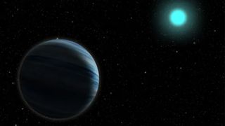 An artist's illustration of a Neptune-sized exoplanet orbiting a blue A-type star.