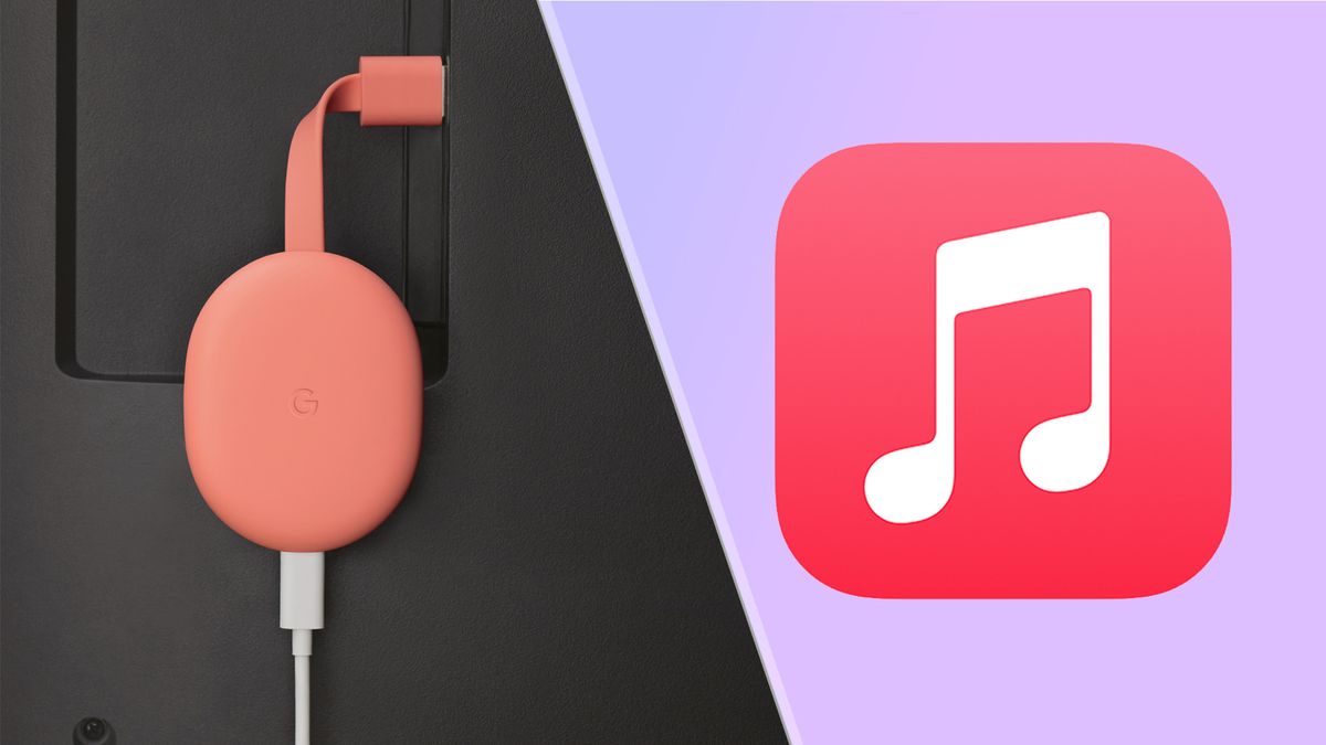 The Chromecast with Google TV plugged into a TV (L) and the Apple Music logo (R) - demonstrating how to get Apple Music on Chromecast with Google TV