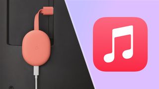 The Chromecast with Google TV plugged into a TV (L) and the Apple Music logo (R) - demonstrating how to get Apple Music on Chromecast with Google TV
