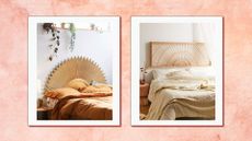 Two of the best Urban Outfitters headboards photographed in boho-styled bedrooms on a peach-colored background 