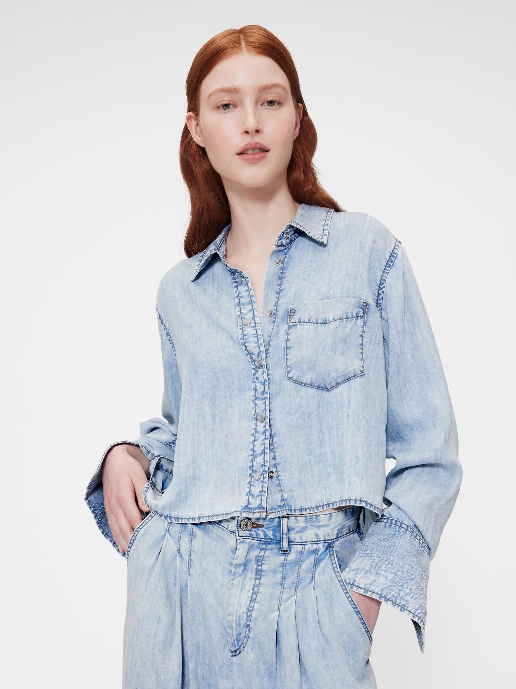 Gapstudio Blue Draped Denim Crop Shirt