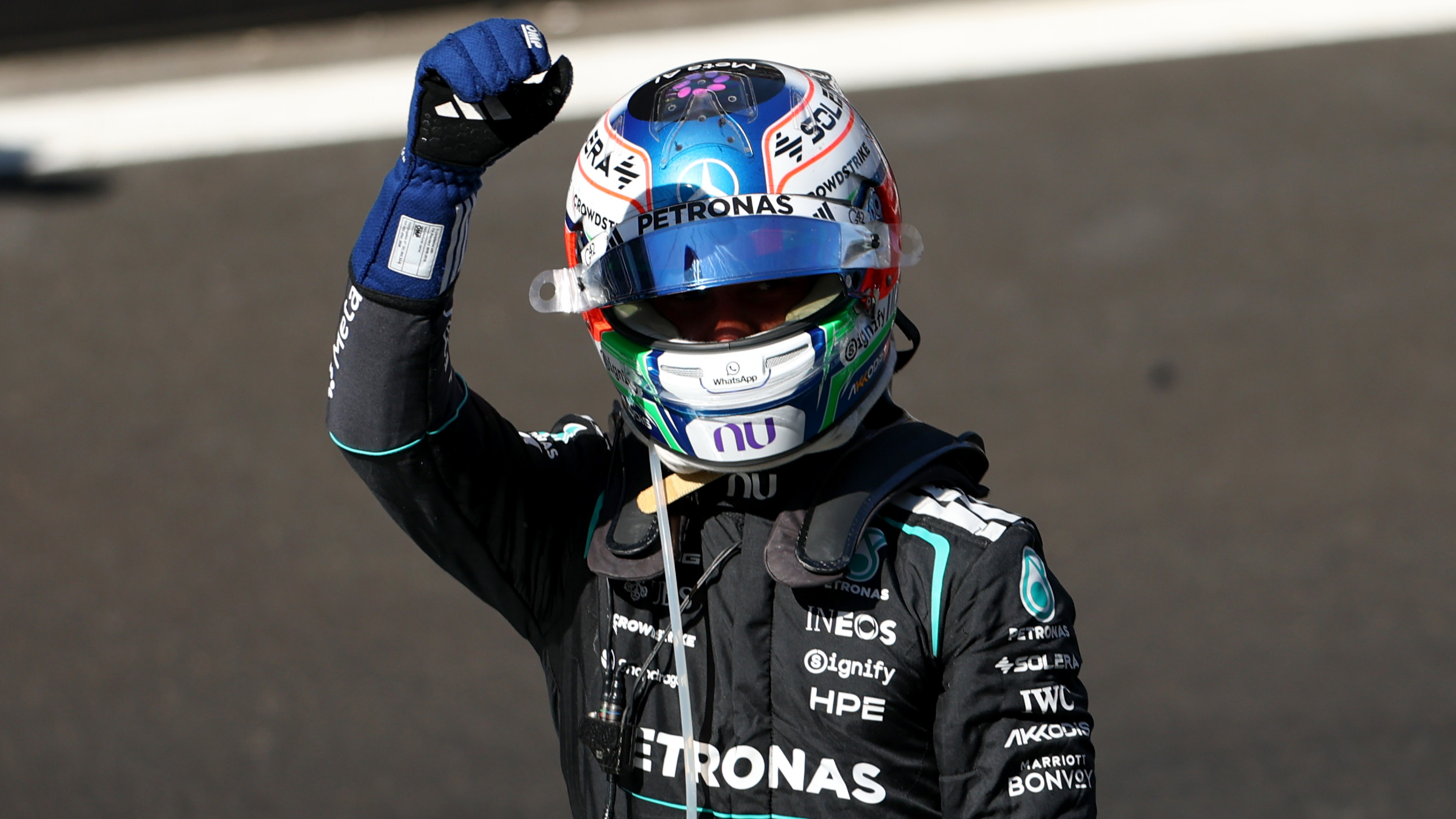 Race winner Andrea Kimi Antonelli of Italy and Mercedes AMG Petronas F1 Team celebrates on arrival in parc ferme during the F1 Grand Prix of Spain