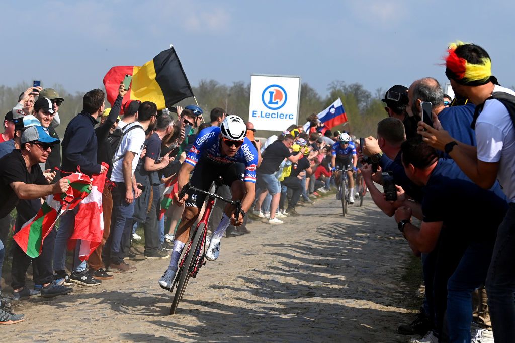 ROUBAIX FRANCE APRIL 09 Mathieu van der Poel of The Netherlands and Team AlpecinDeceuninck competes passing through the Carrefour de lArbre cobblestones sector during the 120th ParisRoubaix 2023 Mens Elite a 2566km one day race from Compigne to Roubaix on UCIWT April 09 2023 in Roubaix France Photo by Tim de WaeleGetty Images