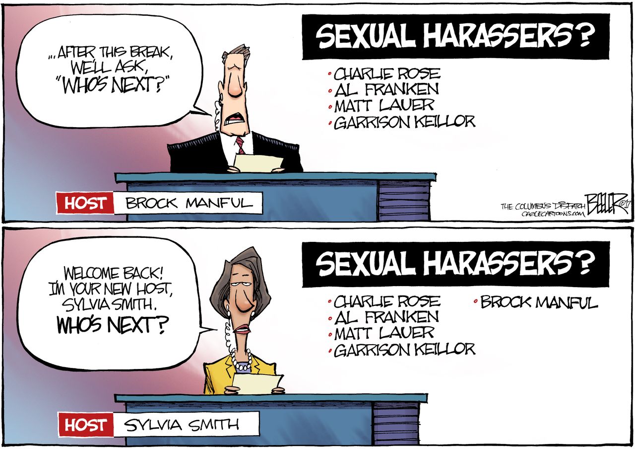 Political cartoon U.S. news media sexual harassment