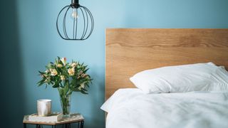 Calming blue bedroom walls with a light wooden bedframe and a green and pink flower plant on a black bedside table