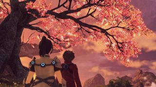 Xenoblade Chronicles 3's Noah and Taion from behind, looking up at a tree with auburn leaves