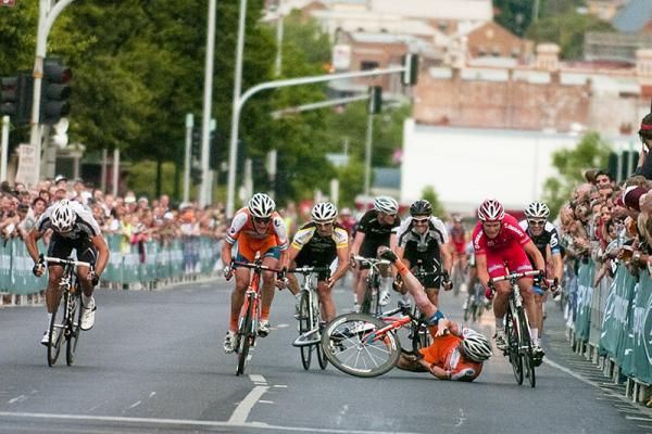 Joel Pearson bites the dust as Jonathan Cantwell (far left) takes advantage of the chaos and sprints to the line to win the 2011 National Open Mens Criterium Championship in Ballarat.