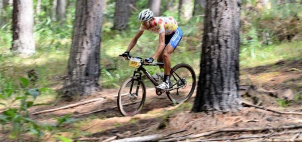 Philip Buys from Garmin adidas cruises down the technical singletrack into the forests of Sabie