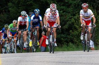 Esteban Chaves (Colombia) leads the bunch on top of the Col de Bonne Fontaine