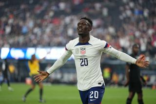 Folarin Balogun #20 of the United States scores a goal and celebrates during the CONCACAF Nations League Final game between United States and Canada at Allegiant Stadium; on June 18, 2023 in Las Vegas, Nevada.
