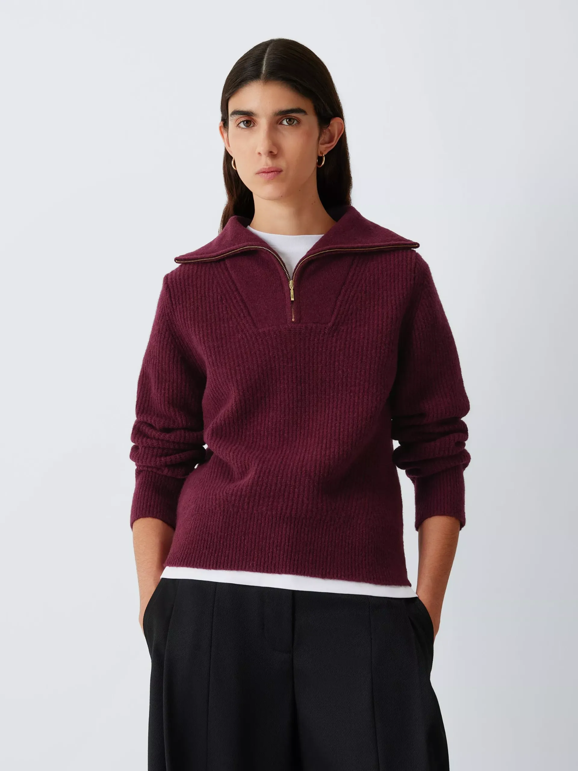 John Lewis Zip Neck Soft Cotton Blend Jumper, Taupe