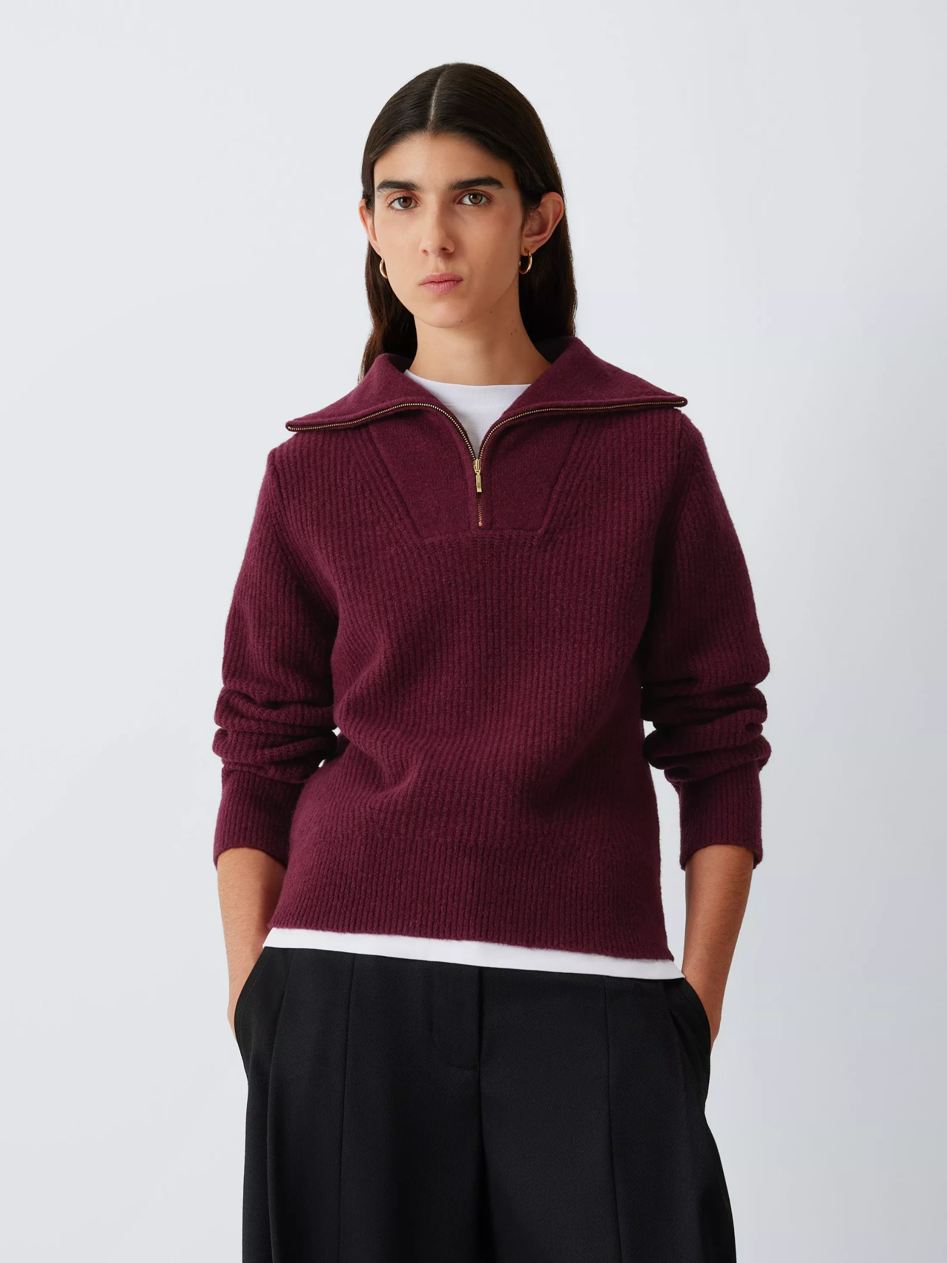 John Lewis Zip Neck Soft Cotton Blend Jumper, Taupe
