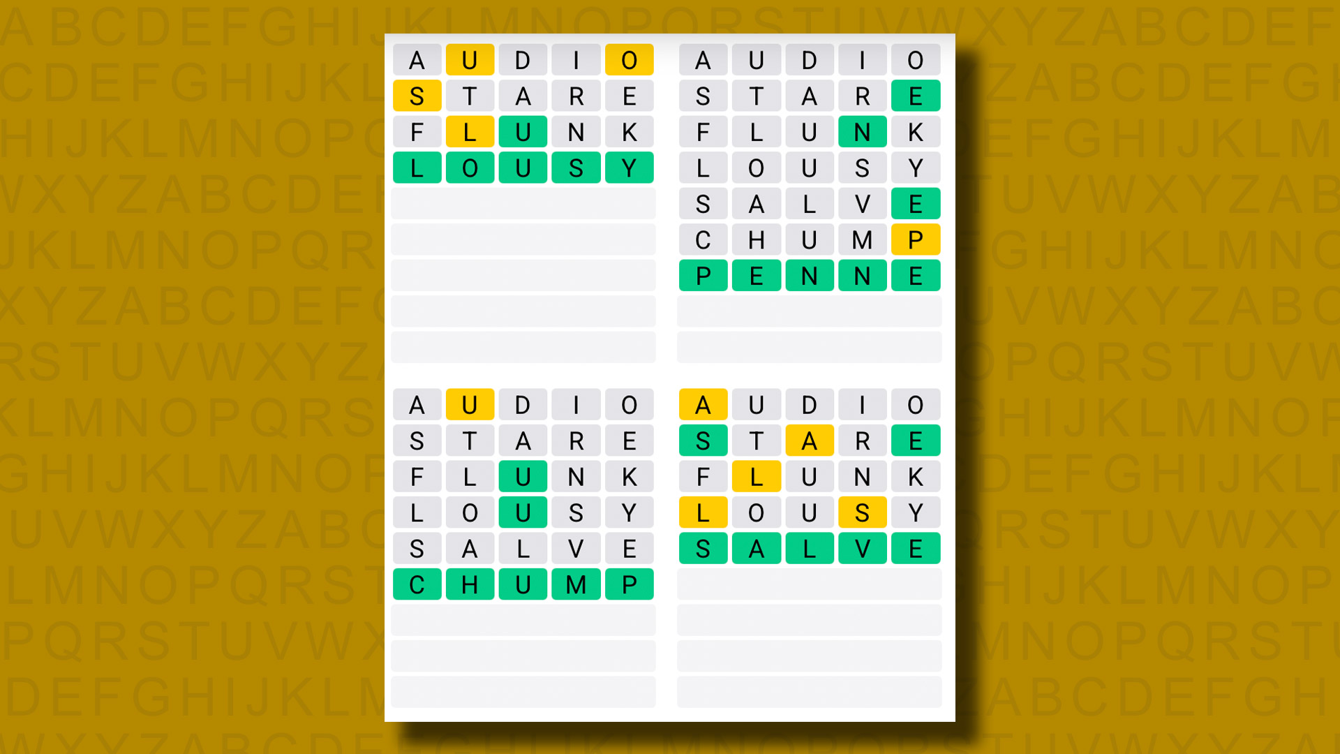 Quordle answers for game 1105 on a yellow background