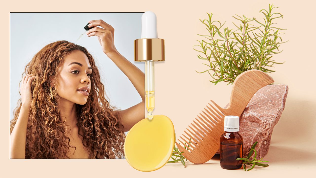 collage of combs, an oil dropper, rosemary, and a woman applying rosemary oil to her scalp