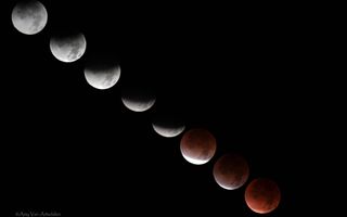 sequence of images showing the moon turn progressively more red.