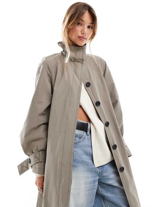 Asos Design Funnel Neck Oversized Longline Trench Coat in Mushroom