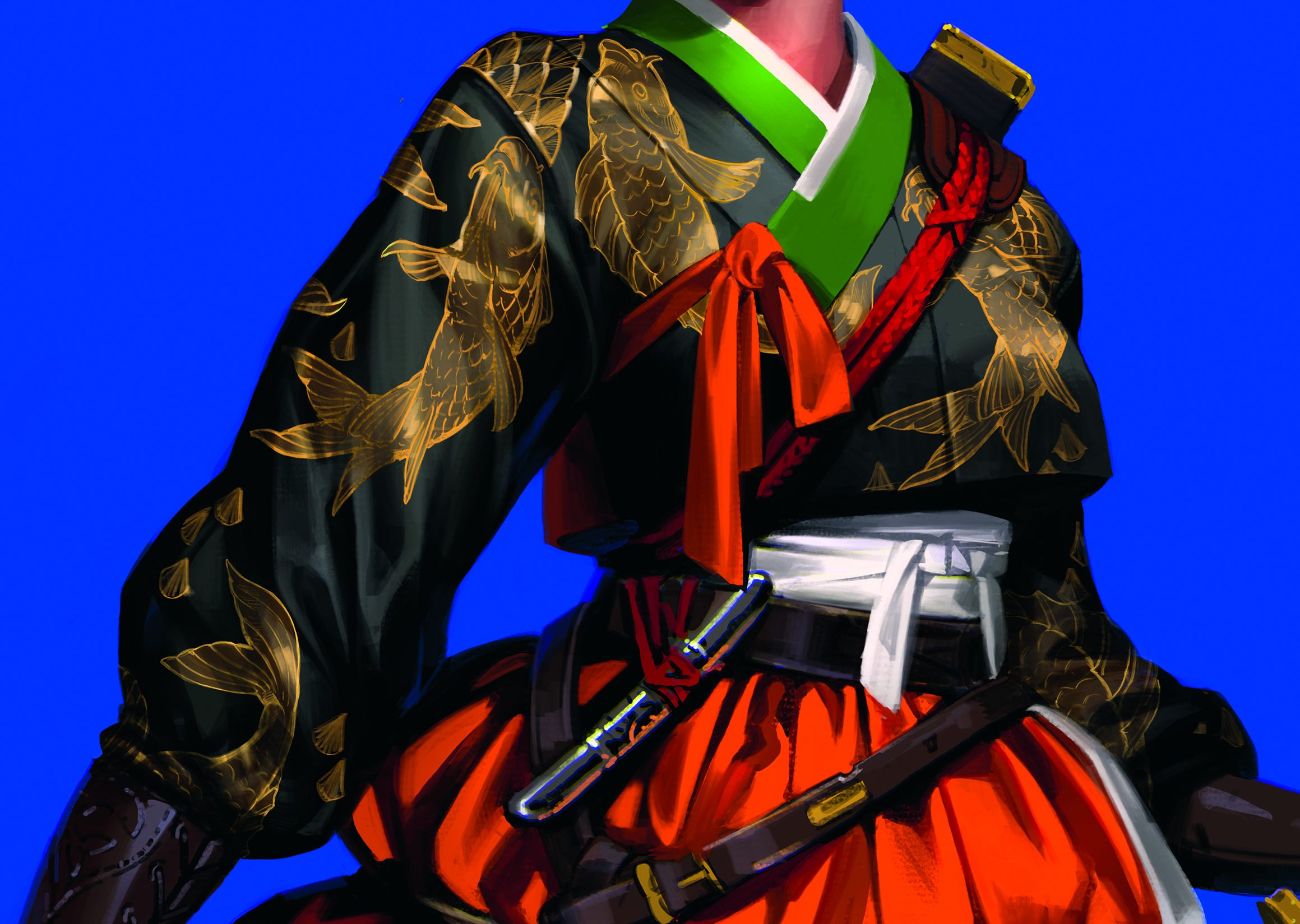 Colourful digital art showing a woman dressed in traditional Korean costume
