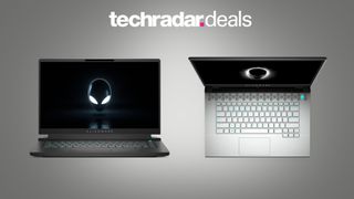Alienware M15 and M17 on grey background with TechRadar deals overlay
