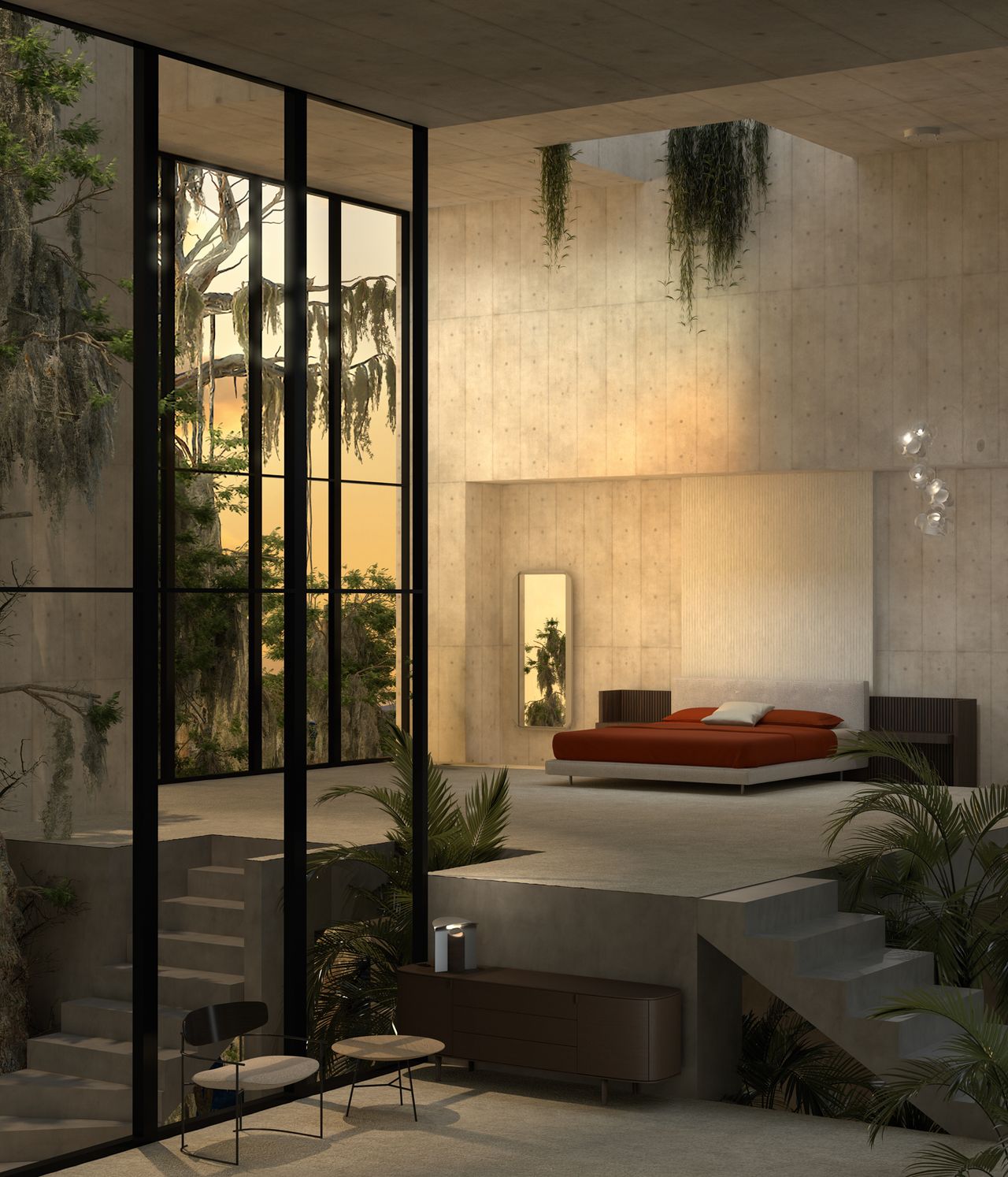 Bedroom in a brutalist, tropical room with concrete floors and tall windows