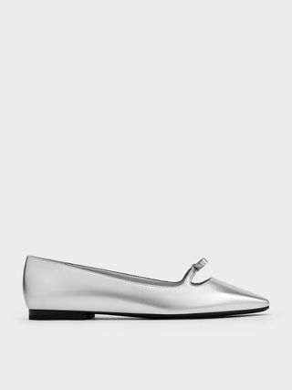 Charles & Keith, Metallic Bow Square-Toe Ballet Flats