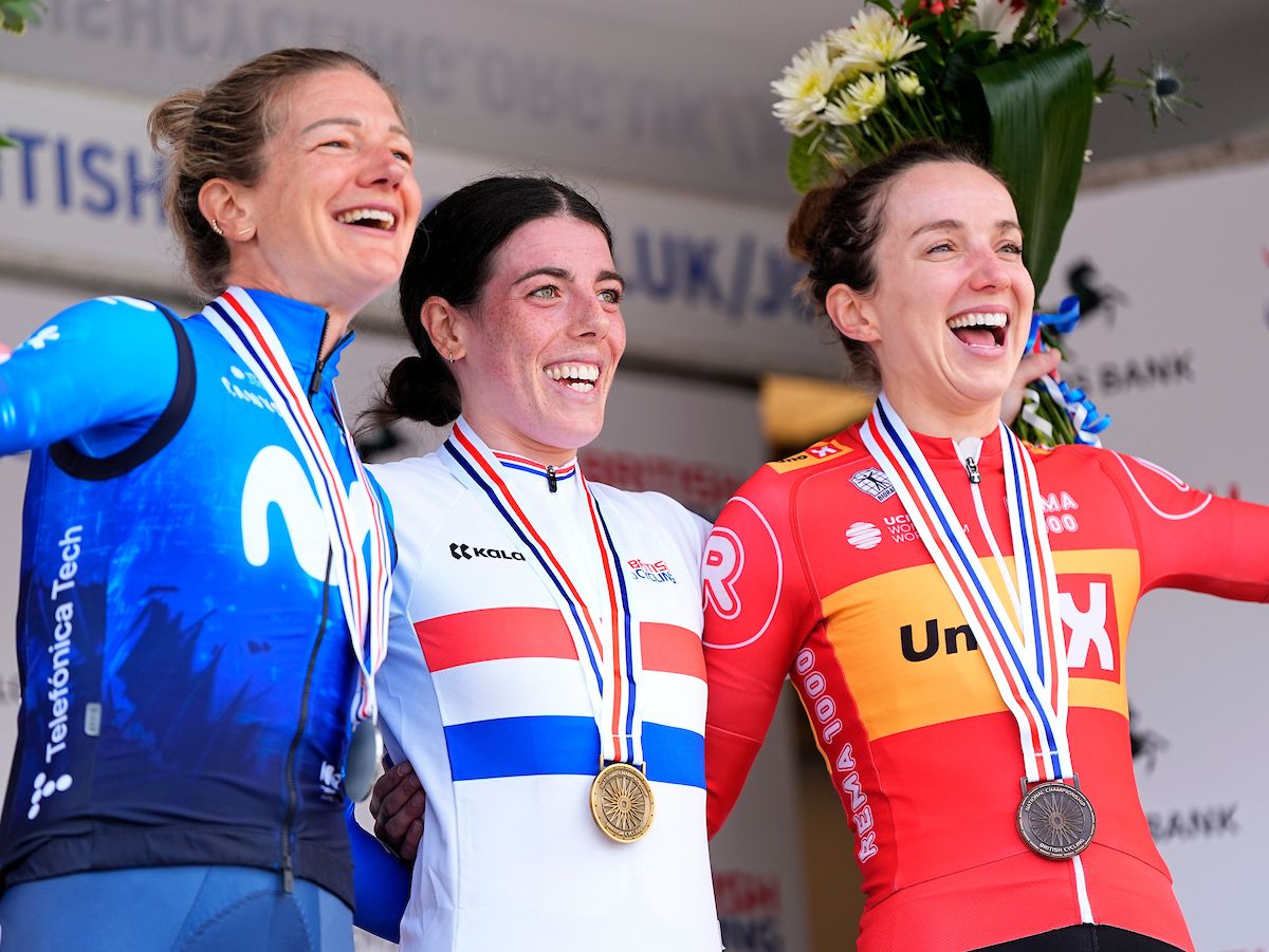 Picture Olly HassellSWpixcom 19062024 Road Cycling British Cycling 2024 Lloyds Bank National Individual Time Trial Championships U23 and Elite Women Catterick North Yorkshire Podium Anna Henderson TEAM VISMA LEASE A BIKE celebrates her win 2nd Claire Steels Movistar Team and 3rd Elinor Barker MBE UnoX Mobility