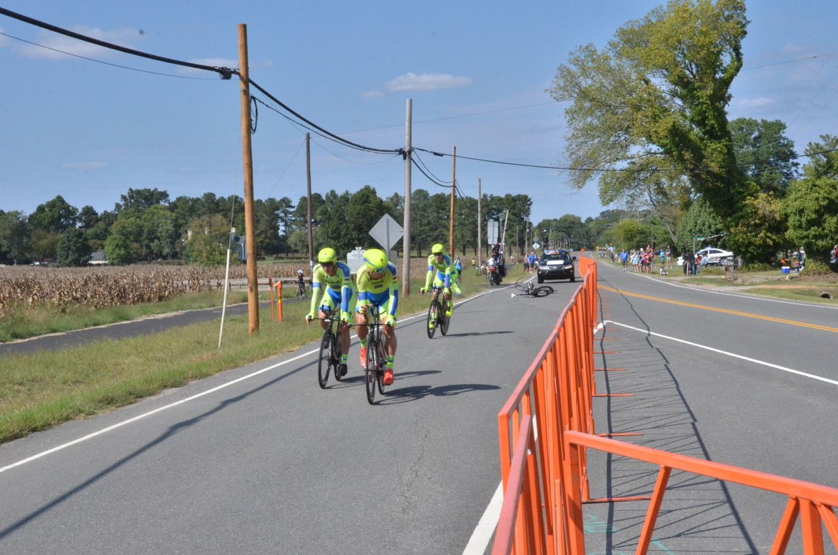 Chris Juul Jensen and Peter Sagan on the brakes after their teammates hit the deck behind