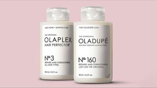 Two skincare bottles, marked Olaplex and Oladupe