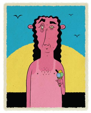 Drawing by Toby Hawksley showing sunburnt man eating ice cream