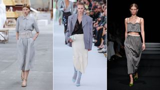 Three models wearing grey outfits down the catwalk