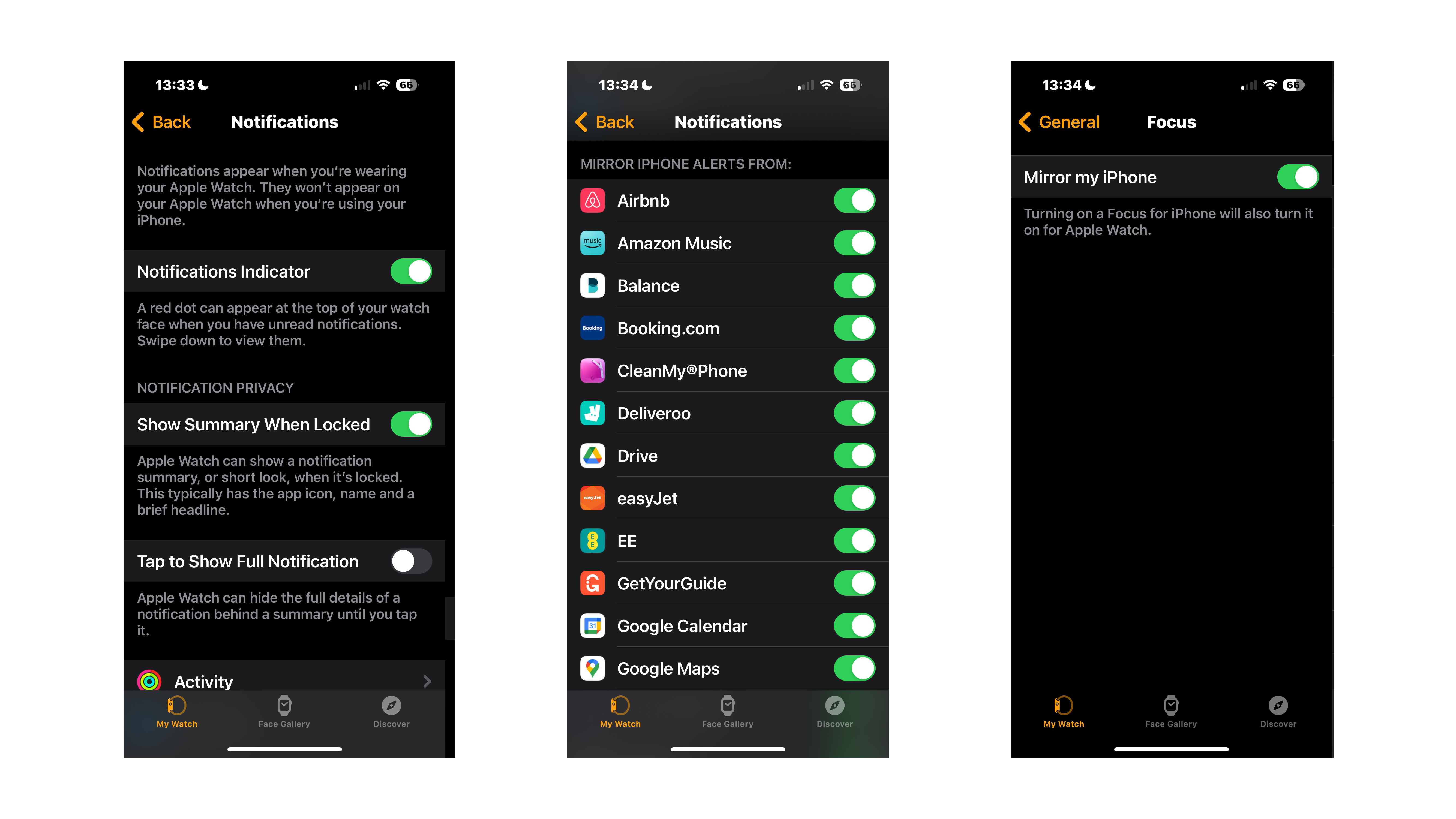 Screenshots of the Apple Watch notification settings on the iPhone.