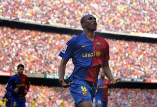 Samuel Eto'o celebrates after scoring for Barcelona against Villarreal at Camp Nou in May 2009.