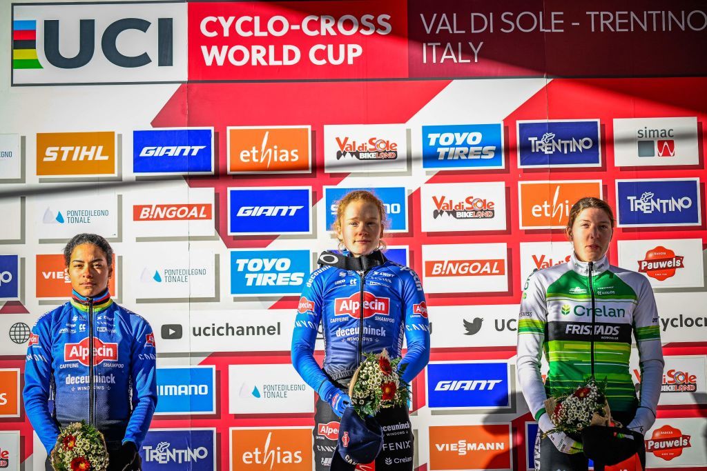 Dutch Ceylin Del Carmen Alvarado Dutch Puck Pieterse and Dutch Manon Bakker celebrate on the podium after the womens elite race of the Cyclocross World Cup race in Val di Sole Italy Saturday 17 December 2022 stage ten out of 14 in the World Cup of the 20212022 seasonBELGA PHOTO JASPER JACOBS Photo by JASPER JACOBS BELGA MAG Belga via AFP Photo by JASPER JACOBSBELGA MAGAFP via Getty Images