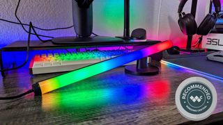 Razer Aether standing light bar with RGB coloring on a desk